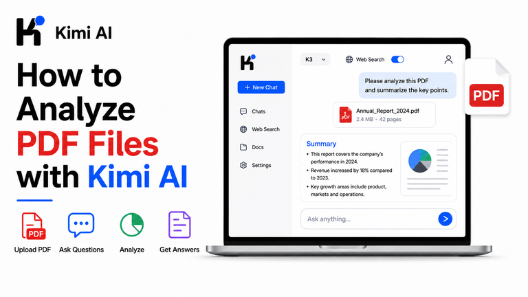 How to analyze PDF files with Kimi AI using upload, questions and document analysis
