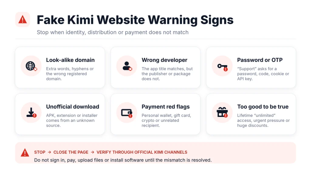 Warning signs of fake Kimi websites including look-alike domains, wrong developers, password requests and unsafe downloads