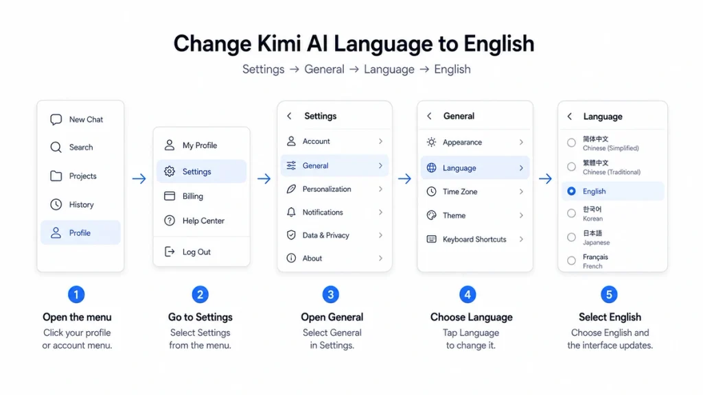 How to change Kimi AI language to English through Settings, General and Language options