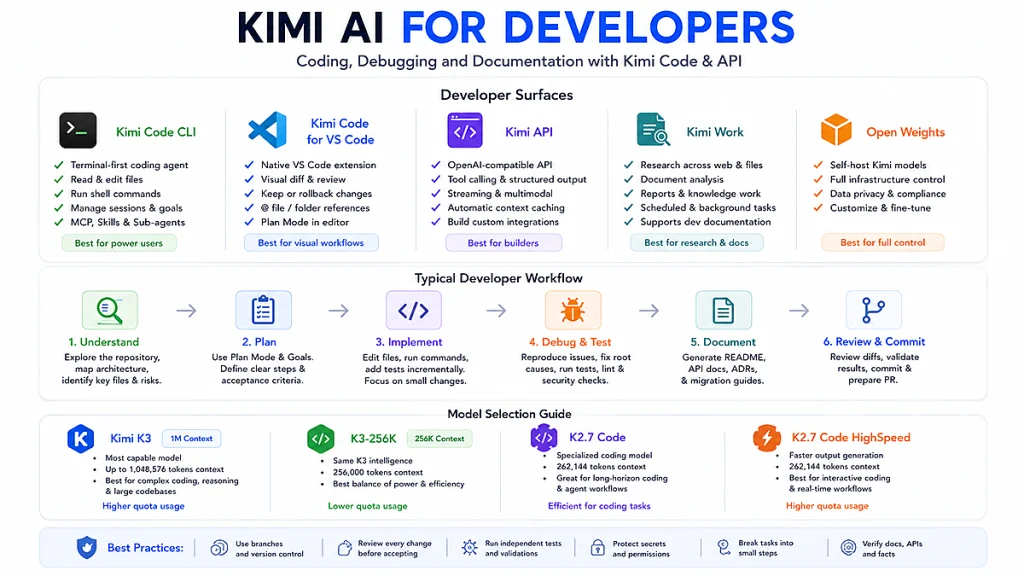 Kimi AI for developers overview showing Kimi Code CLI, VS Code, API, developer workflow and coding model options