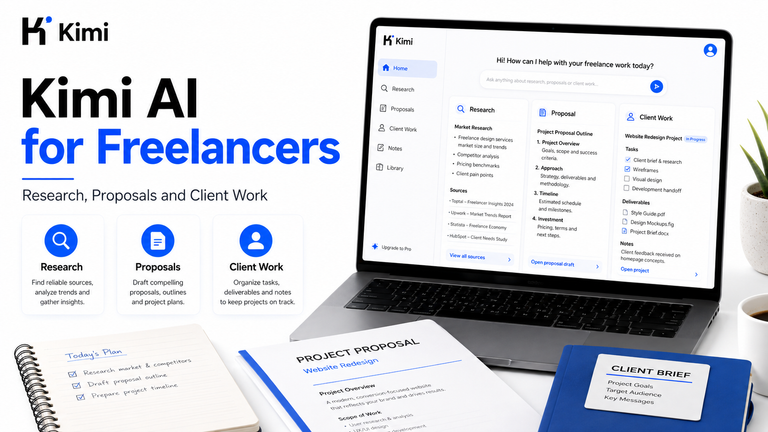 Kimi AI for freelancers showing research, proposal creation and client work tools