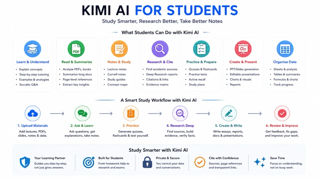 Kimi AI for students overview showing study, PDF analysis, notes, research, quizzes, presentations and data organization