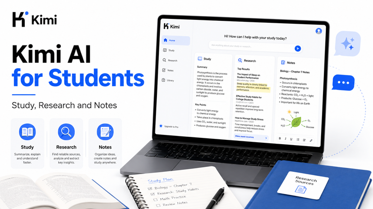 Kimi AI for Students showing study, research and note-taking tools