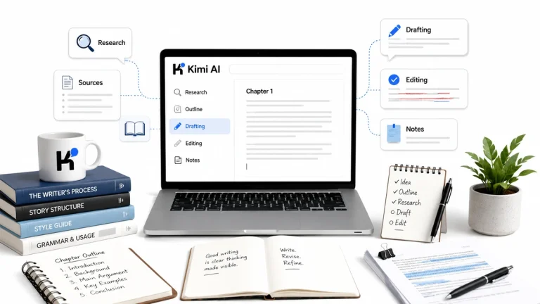 Kimi AI for writers showing drafting, editing and research tools