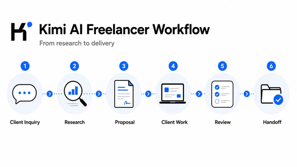 Kimi AI freelancer workflow from client inquiry and research to proposal, client work, review and handoff