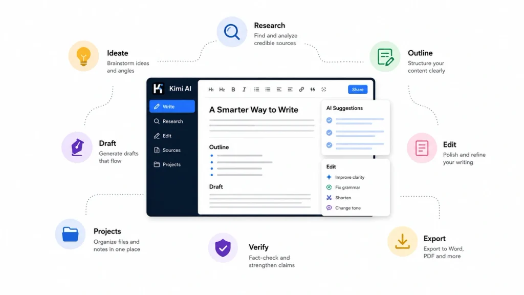 Kimi AI writing workflow for research, outlining, drafting, editing, fact checking, projects and document export