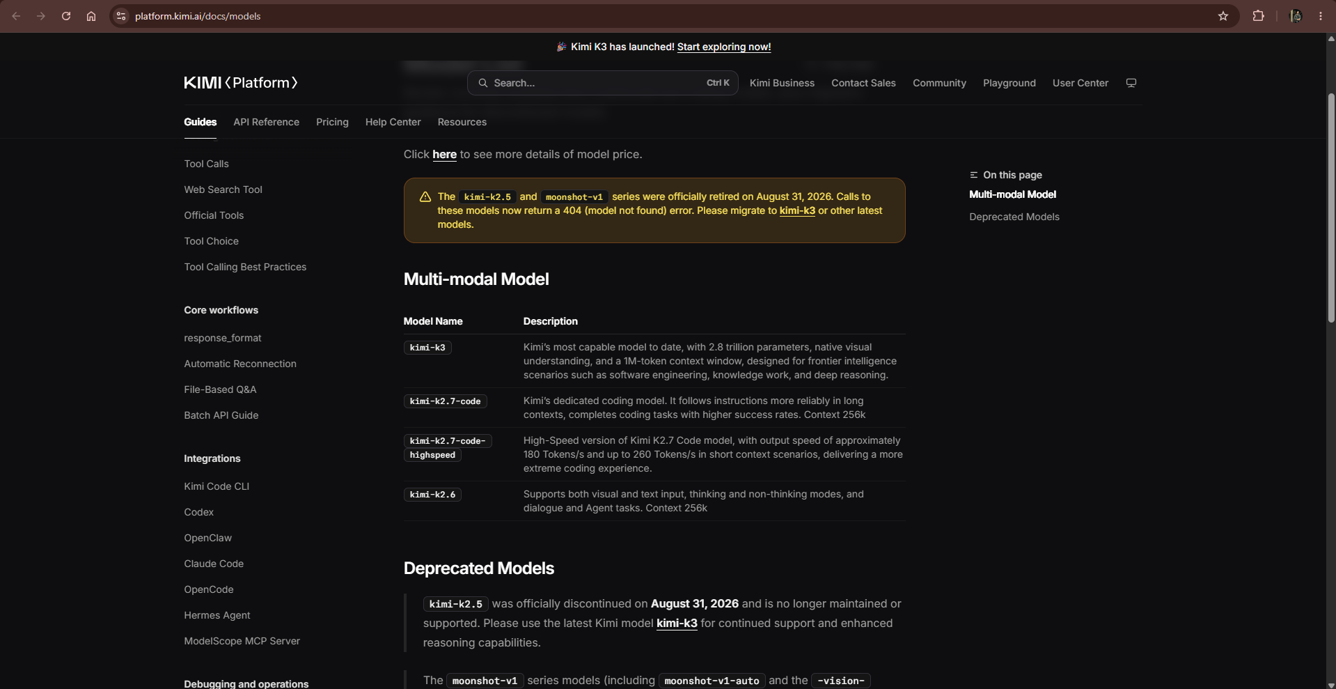 Official Kimi Open Platform model list showing public API model IDs