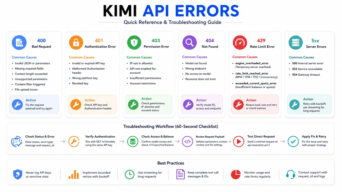 Kimi API error codes overview showing 400, 401, 403, 404, 429 and server errors with their causes and fixes