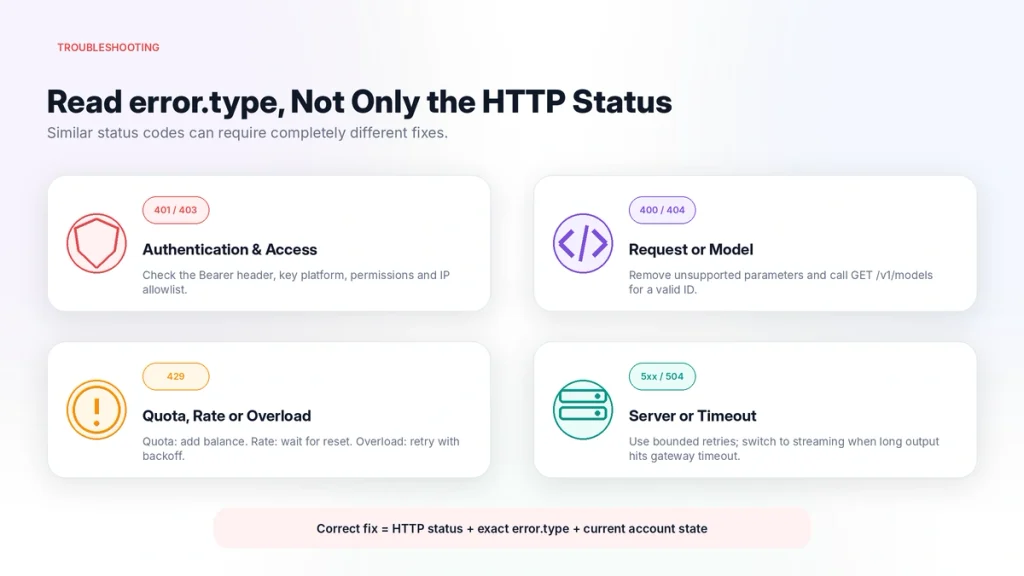 Kimi API error troubleshooting guide for authentication errors, invalid model requests, quota and rate limits, server errors and gateway timeouts