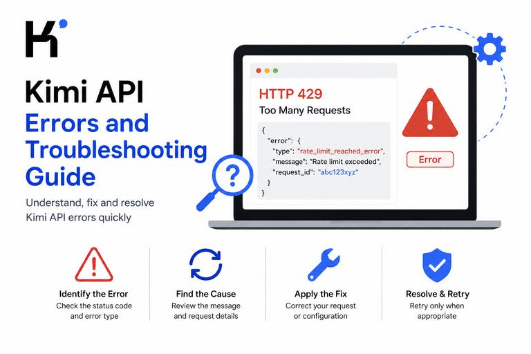 Kimi API errors and troubleshooting guide showing HTTP 429 rate limit error and resolution steps