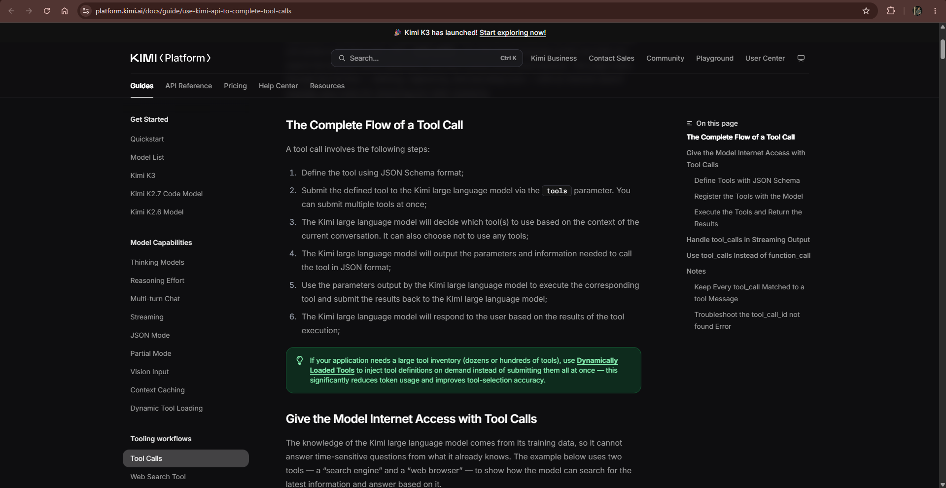Official Kimi API tool-calling workflow from tool definition to final response