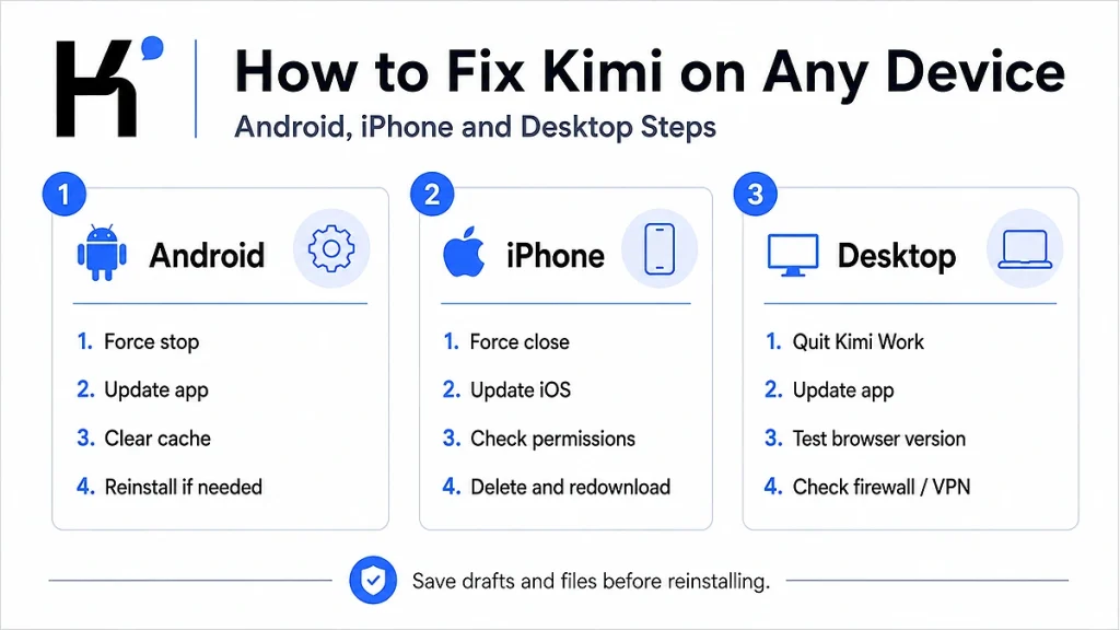 Steps to fix Kimi on Android, iPhone and desktop including updates, cache, permissions and reinstall