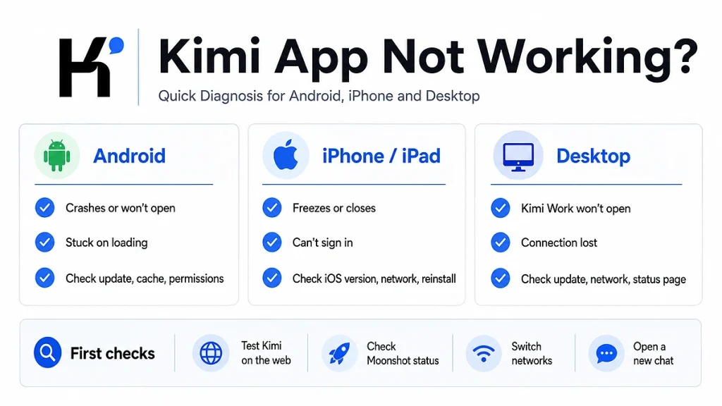 Kimi app not working quick diagnosis for Android, iPhone, iPad and desktop
