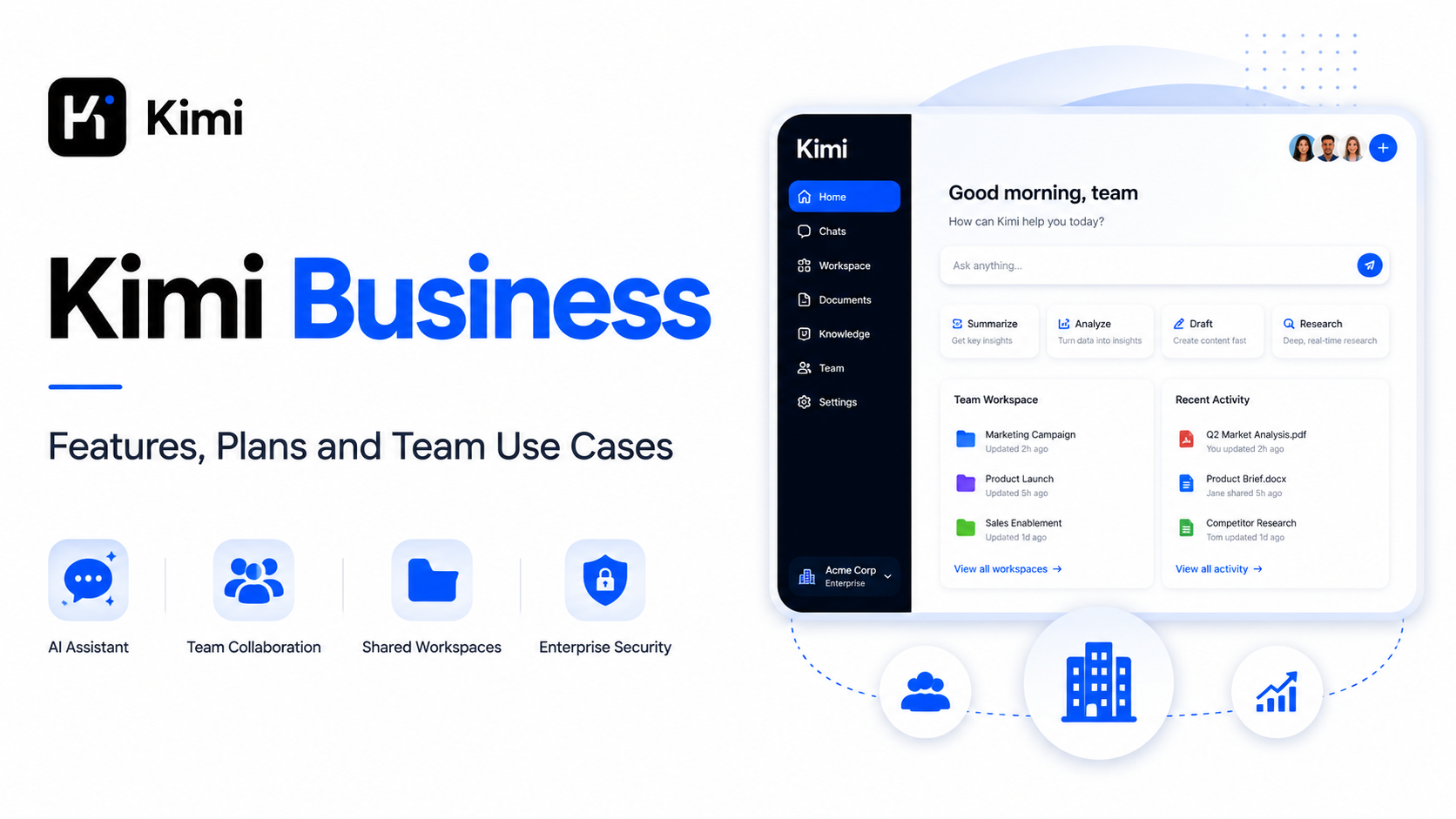 Kimi Business showing team collaboration, shared workspaces, enterprise features and business use cases