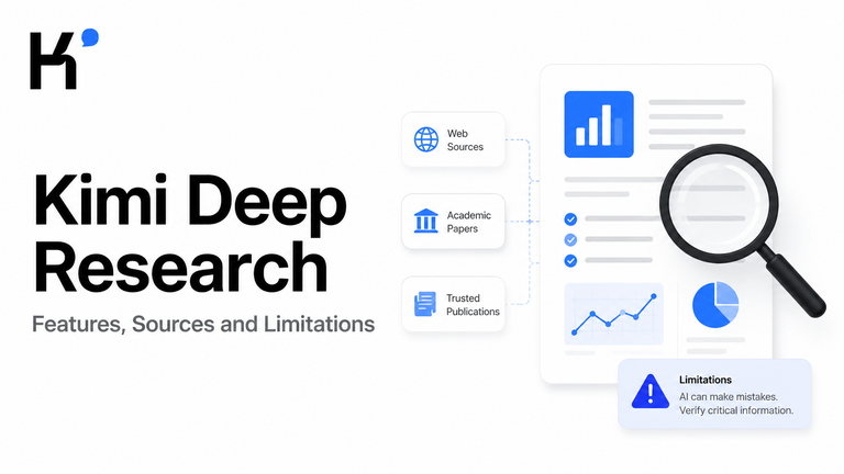 Kimi Deep Research showing research sources, analysis features and key limitations