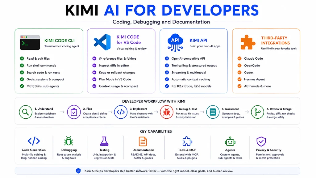 Kimi developer workflow showing code generation, debugging, testing, documentation, tools, agents and security