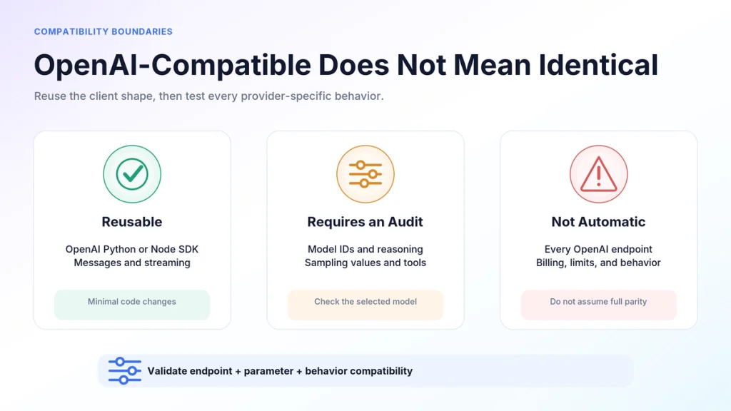 OpenAI-compatible Kimi API layers showing reusable SDK features, required audits, and non-automatic compatibility.