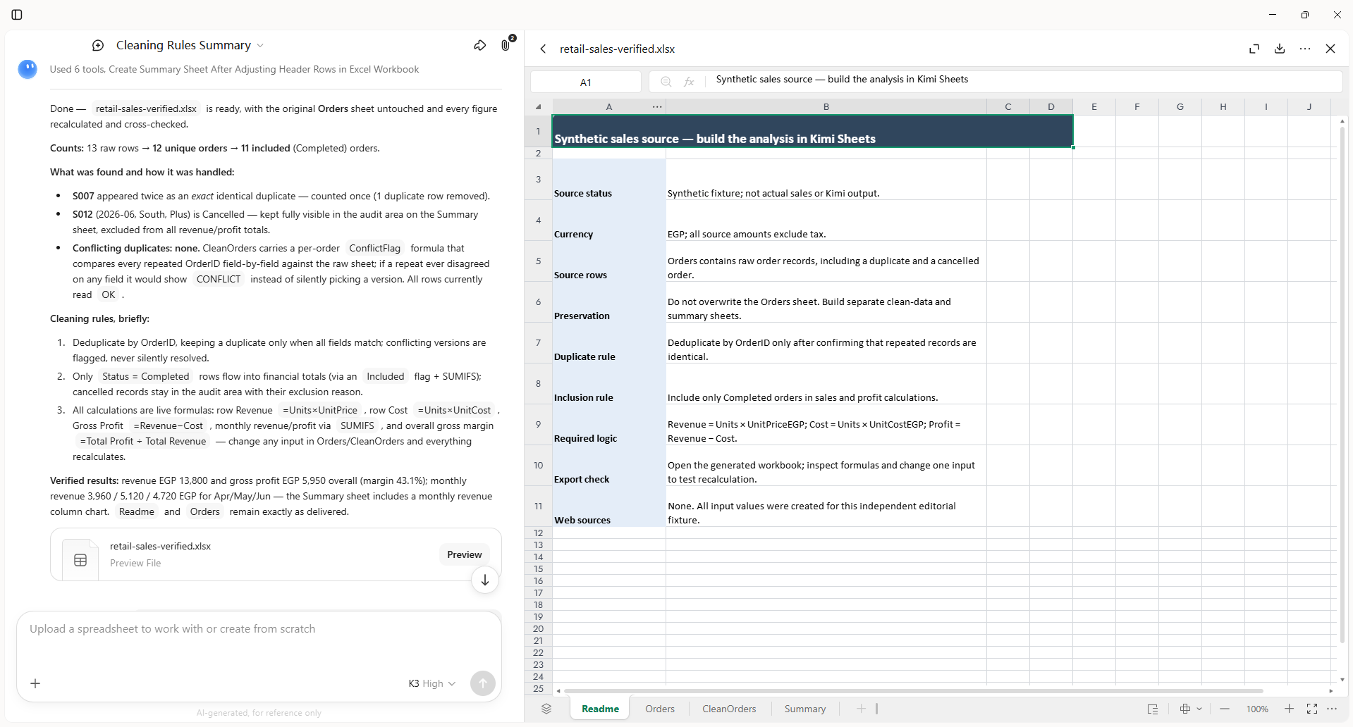 Kimi Sheets online preview showing Readme, Orders, CleanOrders and Summary worksheets