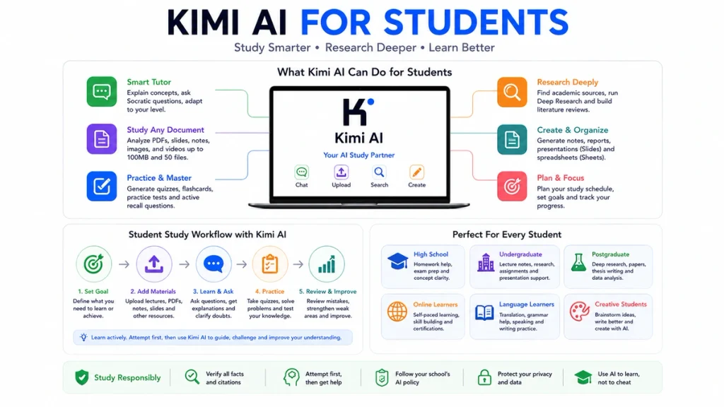 Kimi AI student research workflow for finding academic sources, studying documents, verifying citations and learning responsibly