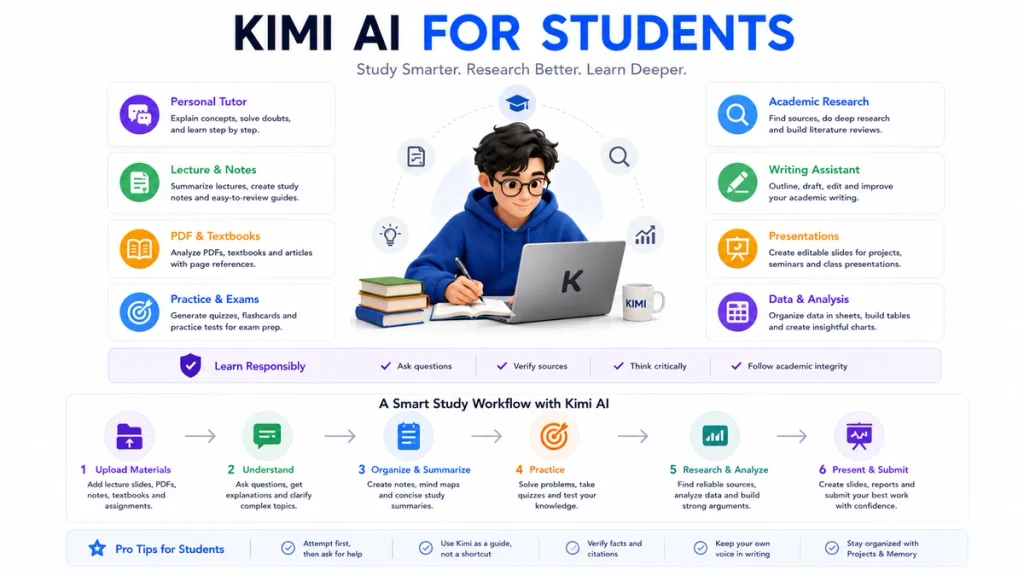 Kimi student study workflow showing tutoring, lecture notes, PDFs, exam practice, academic research and writing assistance