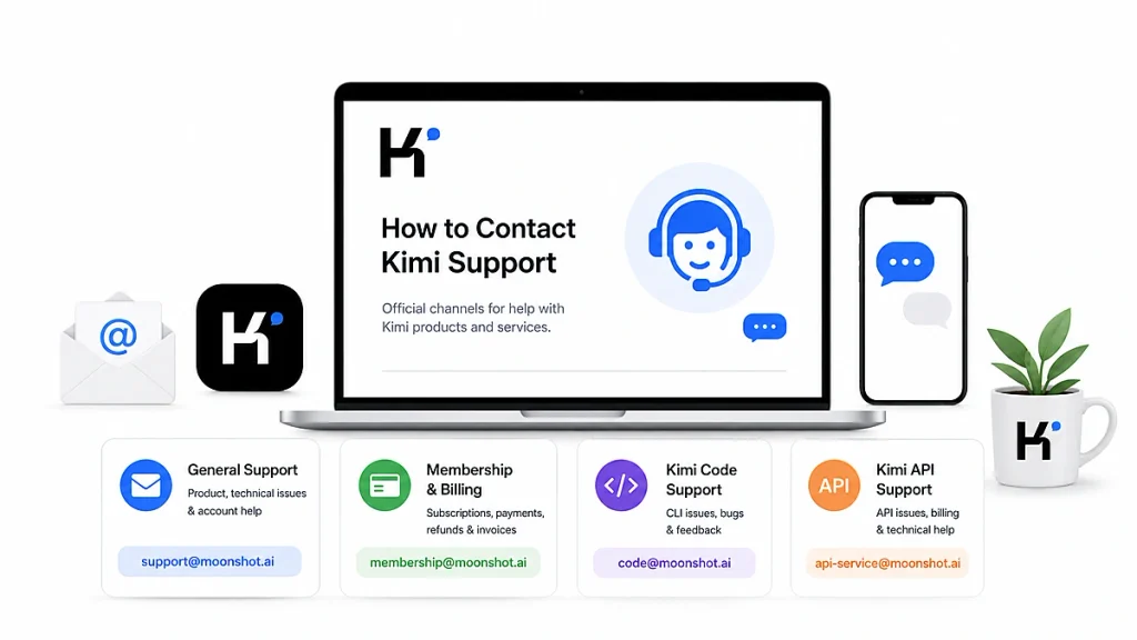 Official Kimi support contact channels for general help, membership and billing, Kimi Code and Kimi API