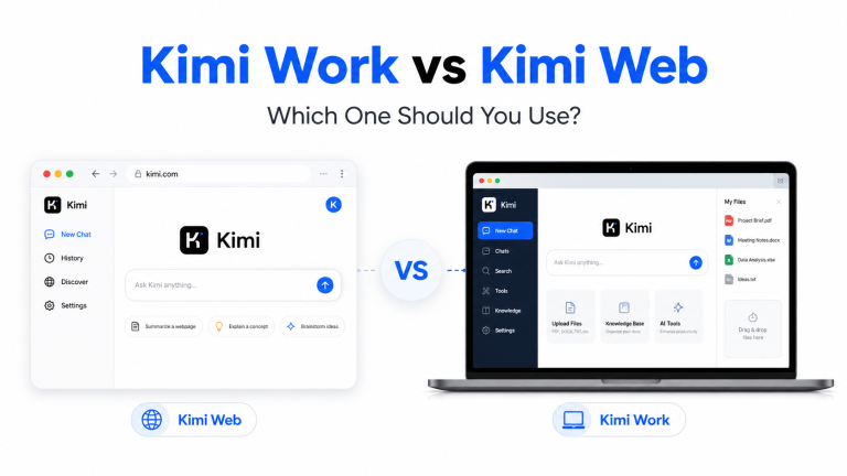 Kimi Work vs Kimi Web comparison showing desktop and web workflows