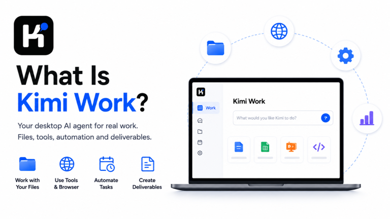 Kimi Work desktop AI agent showing files, browser tools, automation and deliverables