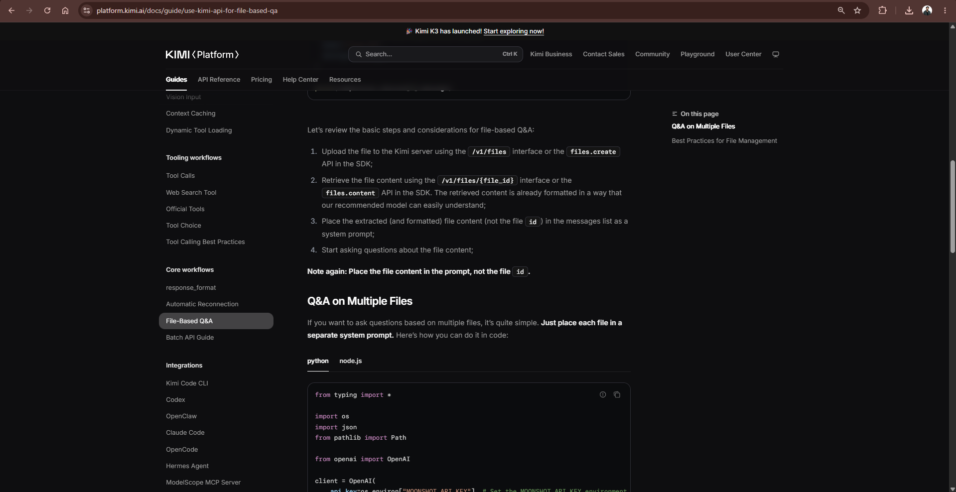Official Kimi API documentation showing the file-based Q&A workflow from file upload to extracted content and questions