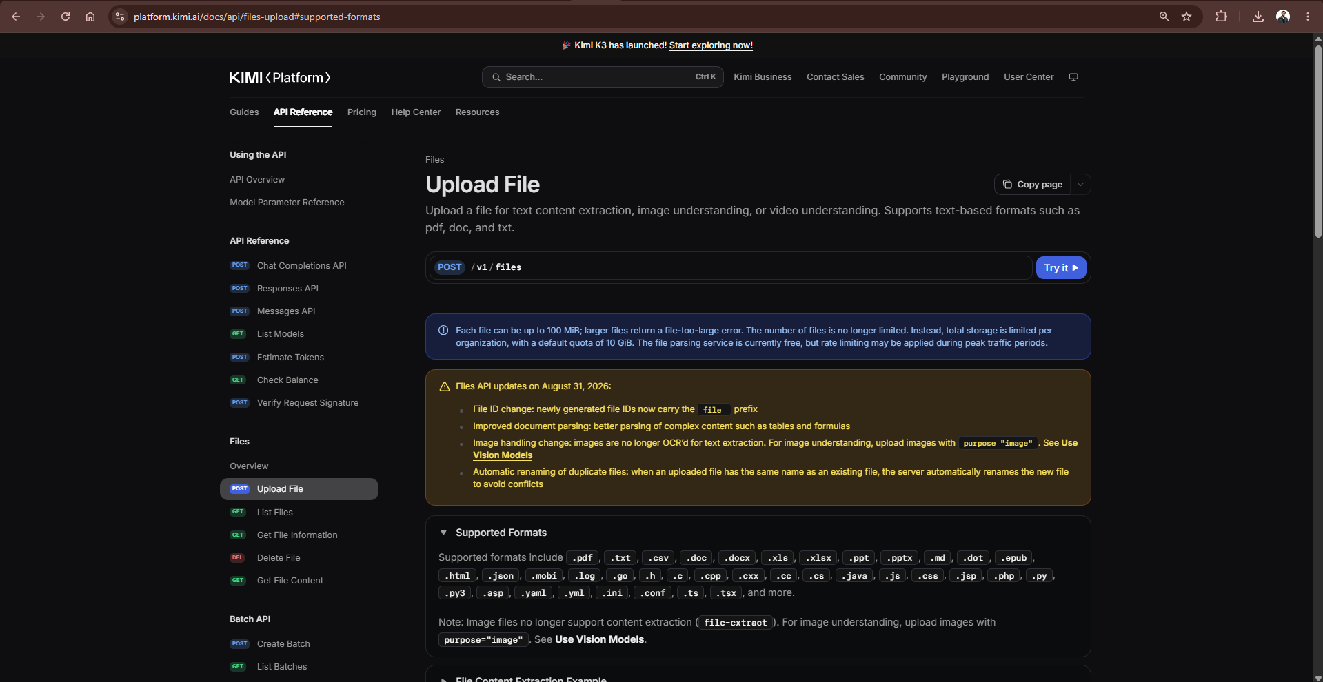 Official Kimi API documentation showing the 100 MiB file upload limit, storage quota, file updates, and supported document formats