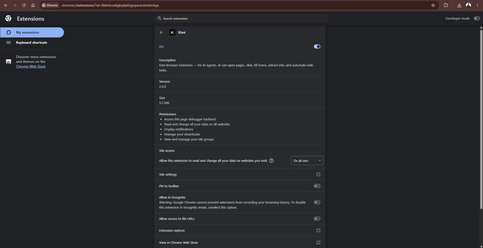 Kimi browser extension details in Chrome showing the installed version, extension ID, and site access settings