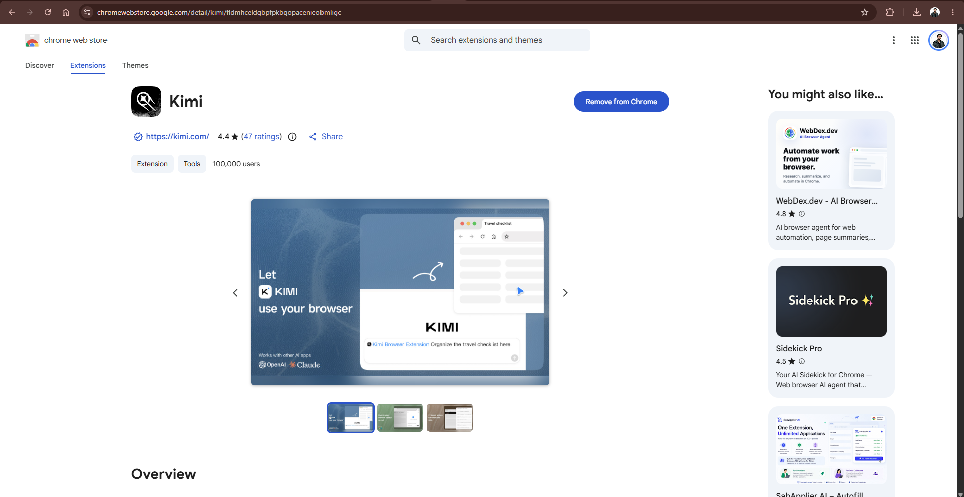 Official Kimi browser extension listing in the Chrome Web Store for AI browser agents