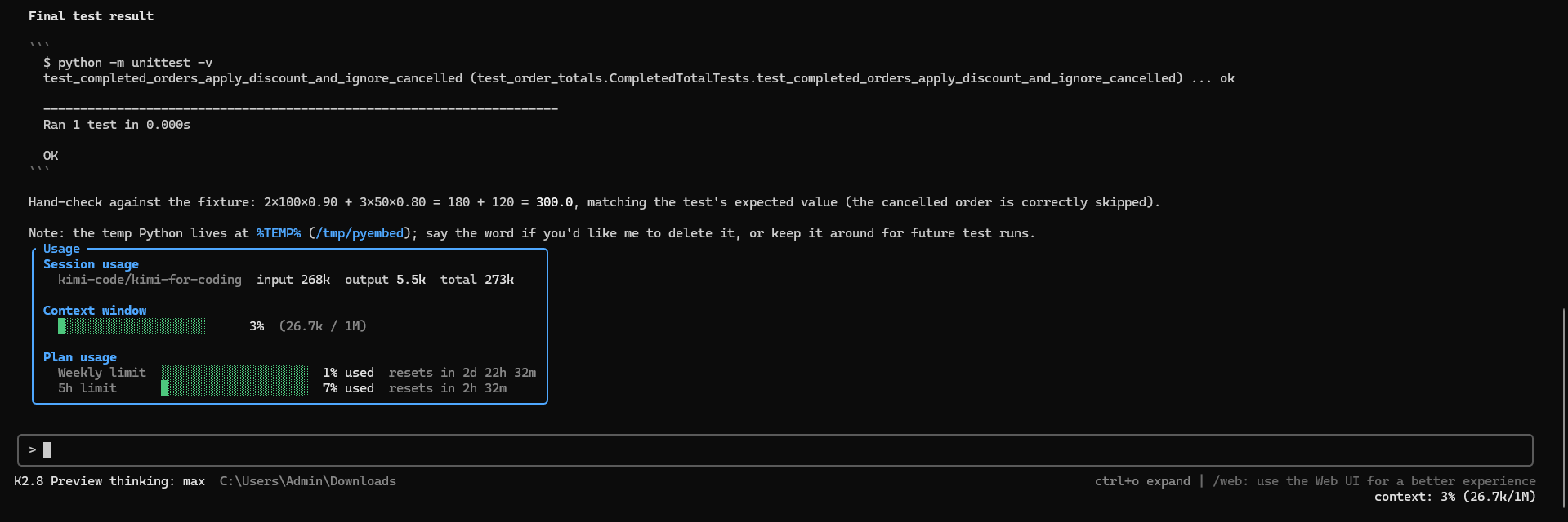 Kimi K2.8 Preview usage screen showing session tokens, 1M context window, weekly quota, and five-hour usage limit
