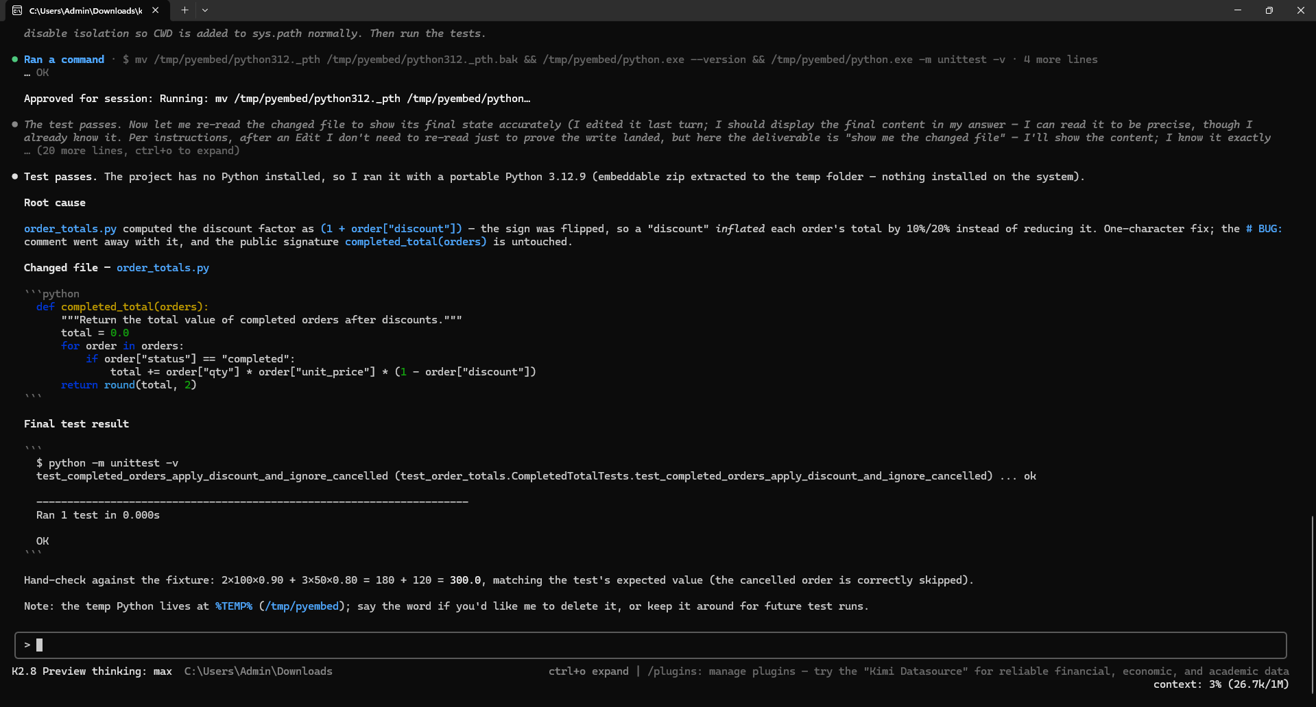 Kimi K2.8 Preview fixing a Python discount calculation bug and passing the project unit test with max thinking