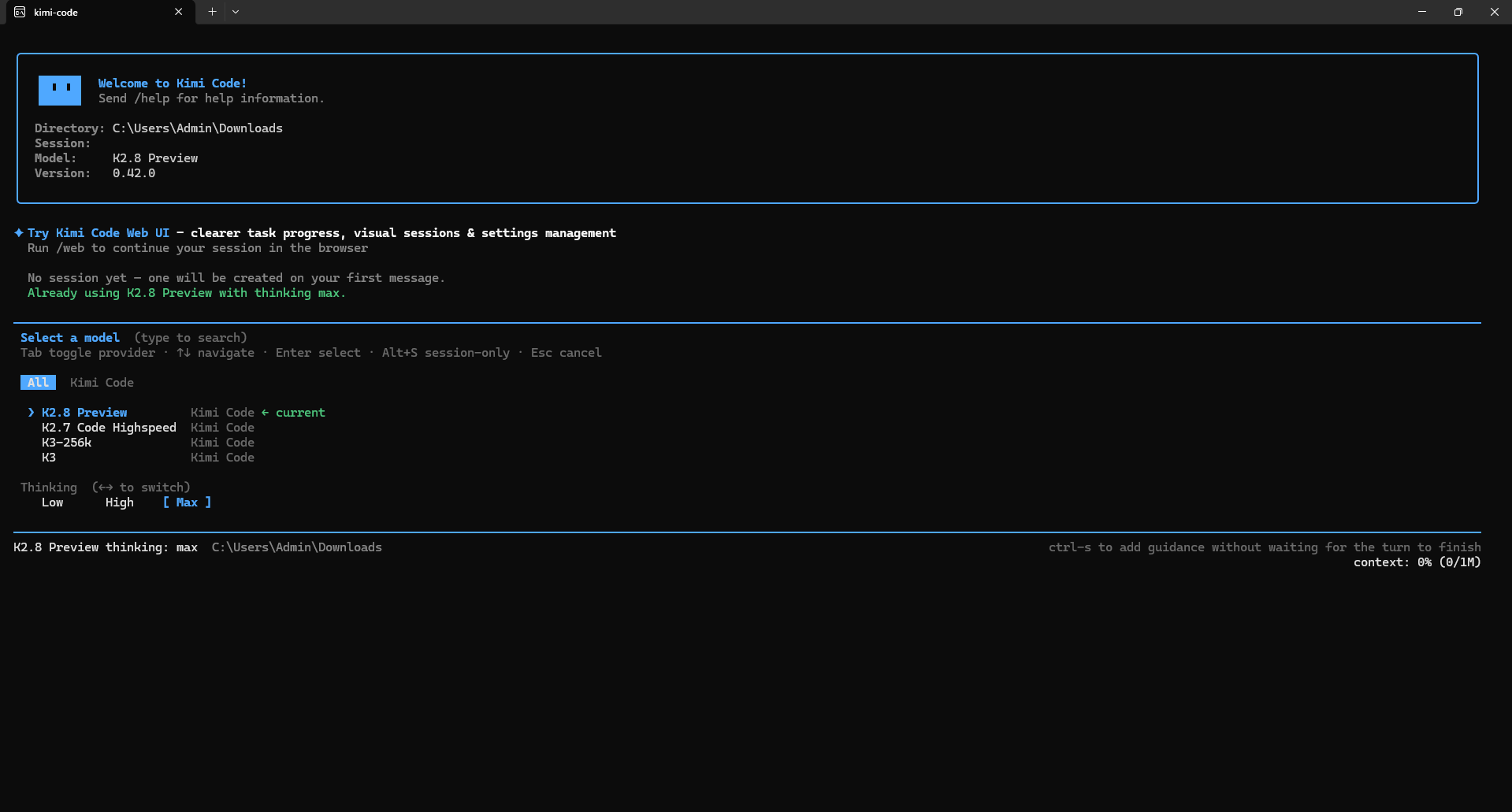 Kimi Code model selector showing K2.8 Preview with max thinking, K3, K2.7 Code HighSpeed, and 1M context